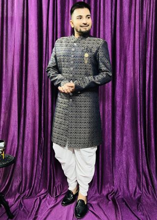 Black Woven Indo Western Sherwani Set