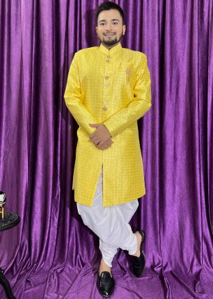 Yellow Embroidered Mens Indo Western Sherwani
