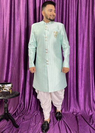 Blue Woven Indo Western Sherwani Set