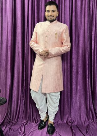 Peach Woven Indo Western Sherwani Set