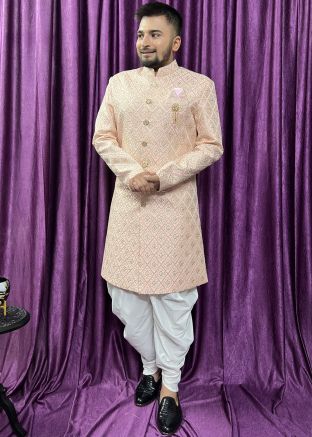 Peach Woven Indo Western Sherwani Set