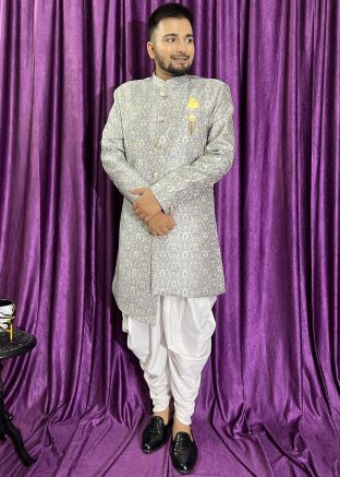 Grey Woven Indo Western Sherwani Set