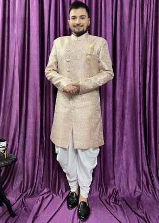 Peach Woven Indo Western Sherwani Set