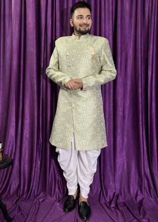 Green Woven Indo Western Sherwani Set