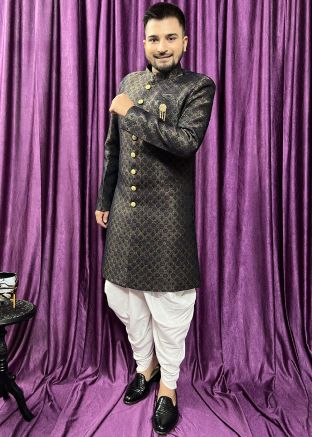 Black Woven Indo Western Sherwani Set