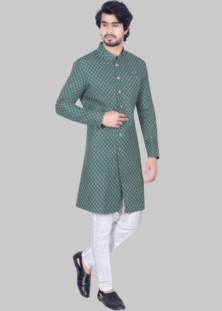 Green Woven Indo Western Sherwani Set