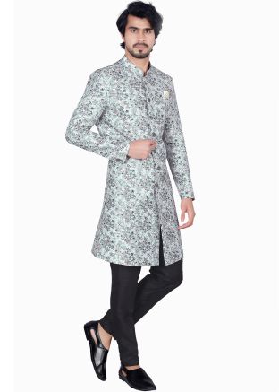 Grey Indo Western Sherwani In Woven Work