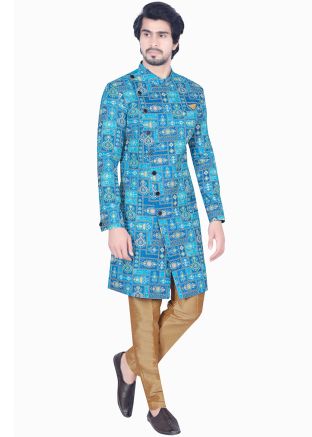 Blue Digital Printed Indo Western Sherwani Set