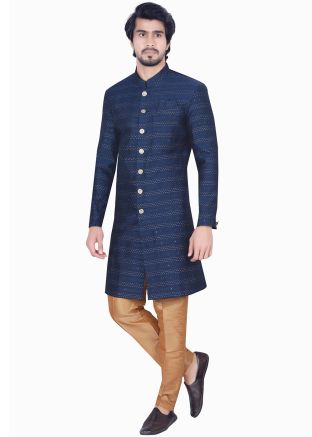 Blue Woven Mens Indo Wetern Sherwani