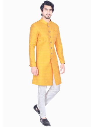 Yellow Indo Western Sherwani Set In Woven Work