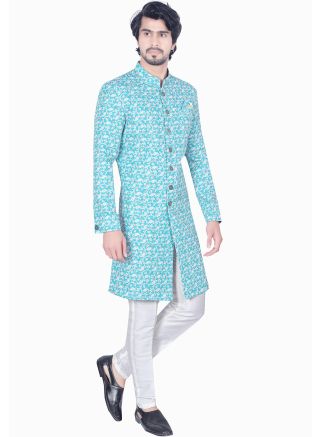 Blue Embroidered Indo Western Sherwani Set