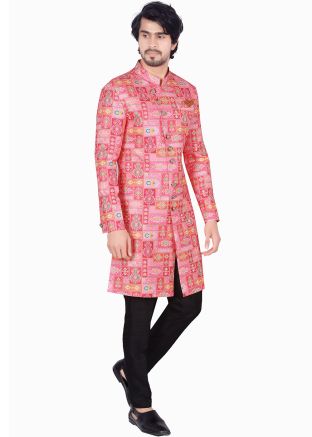 Pink Digital Printed Indo Western Sherwani Set