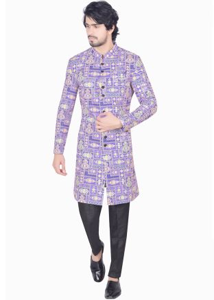 Blue Indo Western Sherwani Set In Digital Printed