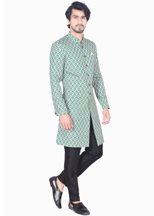 Green Printed Indo Western Sherwani Set