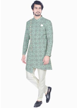 Green Printed Indo Western Sherwani Set