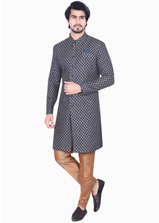 Blue Woven Mens Indo Wetern Sherwani