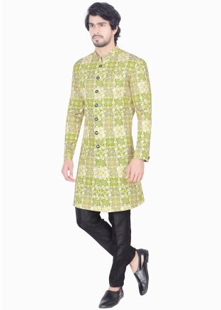 Green Printed Indo Western Sherwani Set