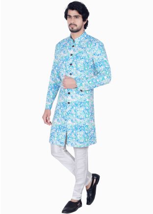 Blue Embroidered Indo Western Sherwani Set