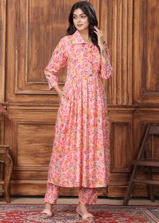 Pink Floral Print Kurta Set In Rayon