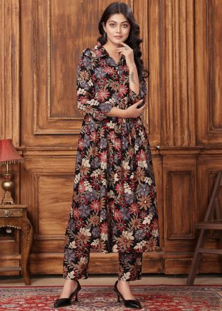 Black Floral Print Kurta Set In Rayon