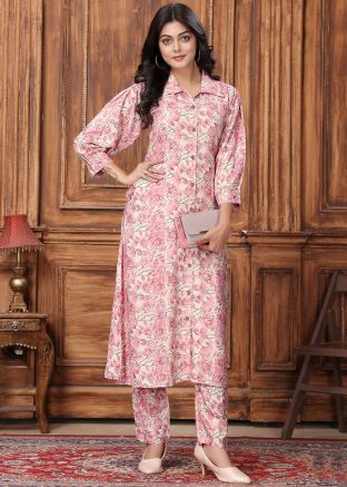 Pink Floral Print Kurta Set In Rayon