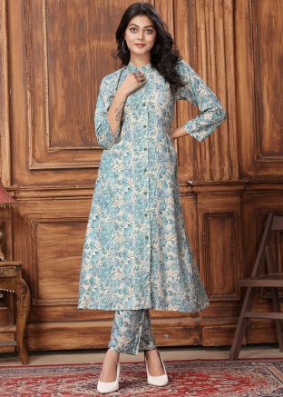 Blue Floral Print Kurta Set In Rayon