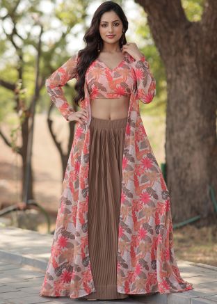 Pink Floral Print Skirt Set With Jacket