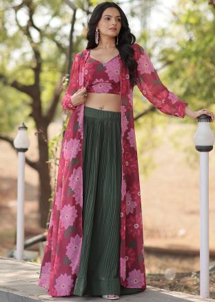 Pink Floral Print Skirt Set With Jacket