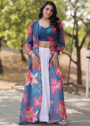 Blue Floral Print Skirt Set With Jacket