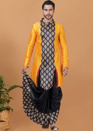 Yellow & Black Printed Dhoti Kurta Set