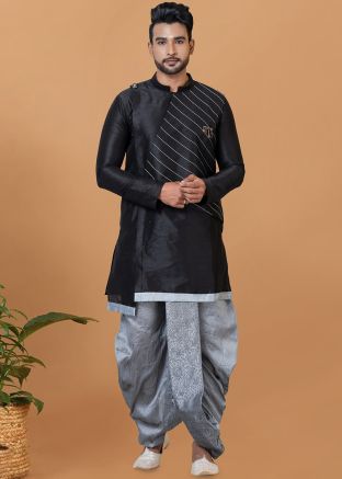 Black Overlapped Kurta Dhoti Set in Dupion Silk