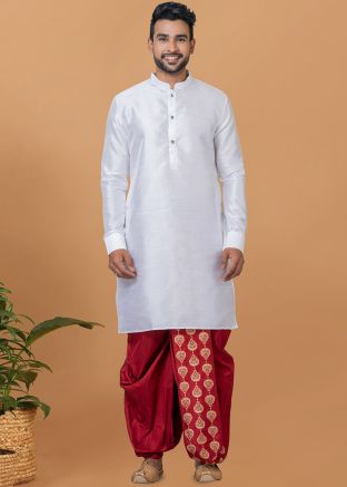 White Mens Dupion Silk Kurta & Dhoti