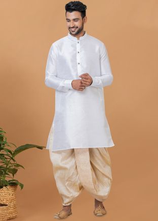 White Dupion Silk Mens Dhoti Kurta Set