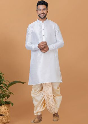 Mens Readymade White Dhoti Kurta In Dupion Silk