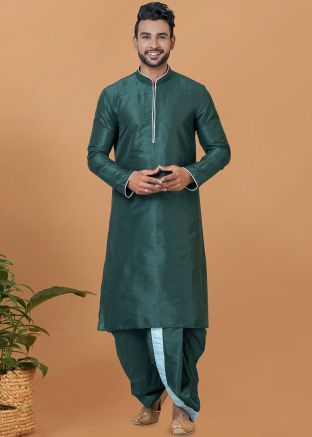 Green Readymade Mens Plain Dhoti Kurta