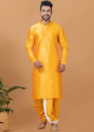 Yellow Readymade Mens Plain Dhoti Kurta