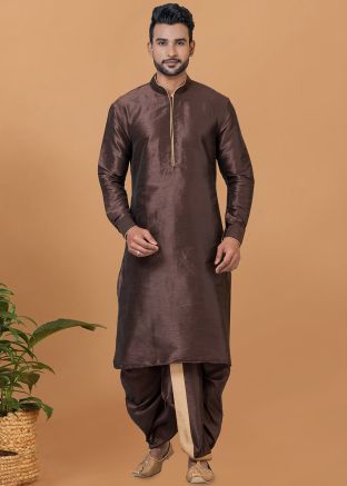 Readymade Brown Mens Dhoti Kurta Set
