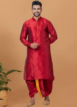 Readymade Mens Plain Red Dhoti Kurta
