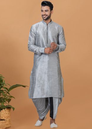 Grey Mens Readymade Plain Dhoti Kurta Set