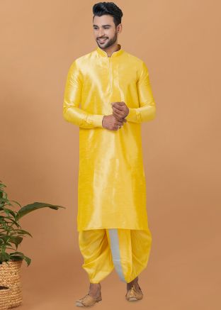 Readymade Yellow Plain Mens Dhoti Kurta