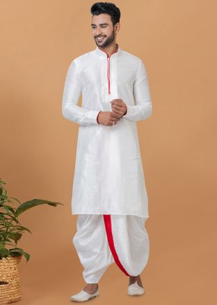 White Mens Readymade Plain Dhoti Kurta