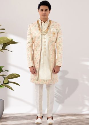 Off White Embroidered Jacket Style Indo Western Sherwani