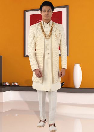 Cream Embroidered Indo Western Sherwani & Jacket