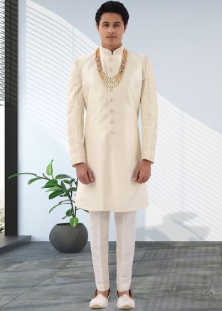 Cream Embroidered Indo Western Sherwani Set