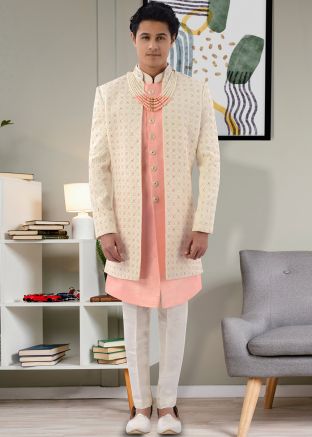 Peach Embroidered Jacket Style Indo Western Sherwani