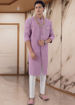 Purple Readymade Embroidered Indo Western Sherwani