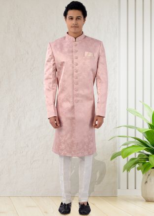 Pink Woven Indo Western Sherwani In Jacquard