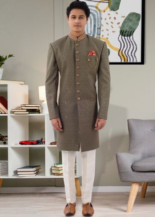 Green Chikankari Embroidered Indo Western Sherwani