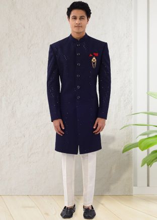 Navy Blue Chikankari Embroidered Indo Western Sherwani