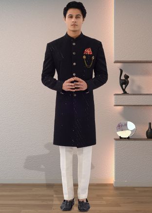 Black Indo Western Sherwani In Chikankari Embroidery